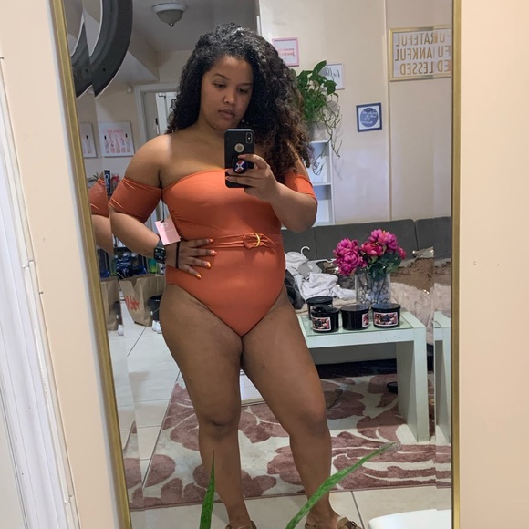 0182Burnt Orange Off-The Shoulder Belted One-Piece - Picture 4 of 5